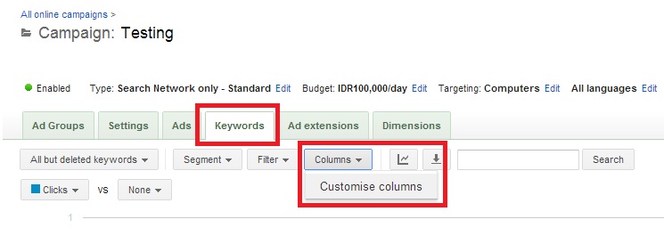 Keywords > Columns > Customise Columns