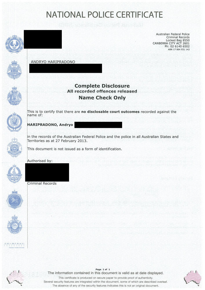 Sertifikat Surat Kelakuan Baik Polisi Australia