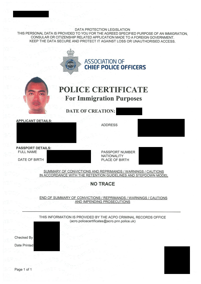 Sertifikat Surat Kelakuan Baik Polisi Inggris